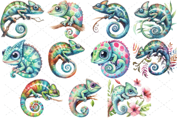 11 Watercolor Chameleon Clipart Bundle: Festive Design Assets