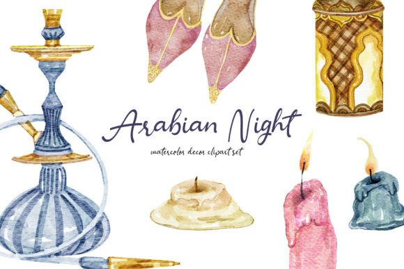 Arabian Nights Watercolor PNG Decor Set: Enchanting Design Elements
