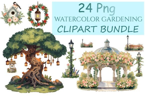 Enchanting Watercolor Garden Scene Clipart Bundle