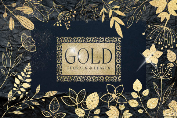Gold Foil Textured Leaves Flowers PNG for Designers