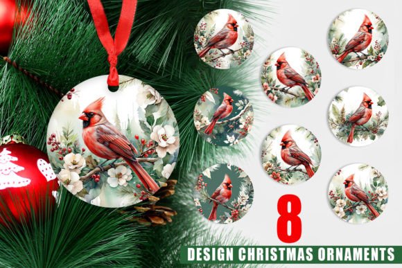 Ornament Watercolor Cardinal Bird: Christmas Decor PNGs
